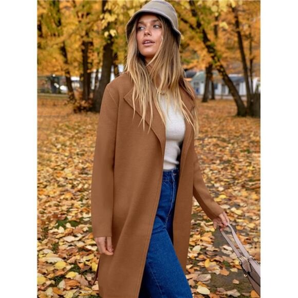 Women's Long Cardigans Sweater Blazer Jacket Coat Camel - Picture 6 of 7